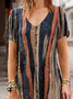 Women Casual Color Block Striped V Neck Short Sleeve Summer Cotton And Linen Dress