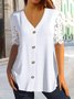 Women Elegant Button V Neck Hollow Out Mesh Lace Short Sleeve Tunic Top