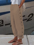 Women Loose Casual Pockets Elastic Waist Button Plain Cotton and Linen Pants