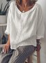 Women Plain Lightweight Shawl Collar 3/4 Sleeve Cotton and Linen Blouse