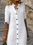Women Casual Loose Three Quarter Sleeve Button Down Shirt Collar Plain Cotton and Linen Shirt Dress