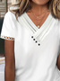 Women Casual V Neck Button Plain Hollow Out Lace Short Sleeve Summer T-shirt