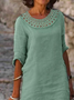 Women Summer Vacation Plain Crew Neck Hollow Out Lace Loose Green Dress