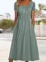 Women Casual Ruched Pockets Loose Crew Neck Plain Short Sleeve Dress
