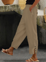 Women Casual Half Open Button Hem Elastic Waist Pockets Comfy Lounge Workout Plain Cotton Pants