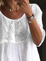 Women's Shirt Blouse Elegant Lace Embroidery Patchwork Loose Three Quarter Sleeve Tunic Top