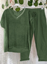 Casual V Neck Short Sleeve Shirt and Drawstring Wasit Trousers Pants Green Suits Two-Piece Sets