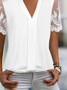 Women Casual Plain V Neck Mesh Floral Lace Short Sleeve T-shirt