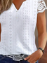 Women Casual Plain Eyelet Embroidery V Neck Lace Short Sleeve T-shirt