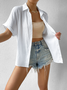 Women Elegant Plain Shirt Collar Pocket Buttoned Down Loose Short Sleeve Blouse