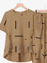 Women Casual Plain Geometric Suits Button Short Sleeve Shirt and Trousers Pockets Pants Two-Piece Sets