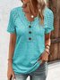 Women Casual V Neck Button Hollow Out Lace Plain Summer Short Sleeve T-Shirt