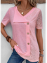 Women Casual Plain Loose Button Floral Short Sleeve Blouse