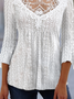 Women Casual Plain Lace Eyelet Embroidery Three Quarter Sleeve Tunic Top