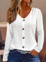 Buttoned Plain Casual Eyelet Embroidery Long Sleeve Blouse