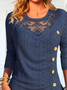 Eyelet Casual Buttoned Lace Plain T-Shirt