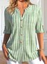Plus Size Striped Notched Buttoned Casual Long Sleeve Blouse