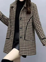 Houndstooth Long Sleeve Buckle Shawl Collar Casual Coat