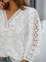 Women White Elegant Floral Hollow Out Lace Cotton Linen Long Sleeve Blouse