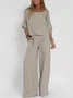 Women's Linen Two Set Suits Elbow Sleeve Round Neck Tops Lounge Wide Leg Pants Matching Sets 
