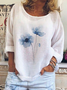 Cotton-Blend Floral Simple Crew Neck Linen Style Shirt