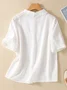 Shirt Collar Cotton-Blend Plain Simple Blouse