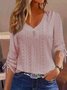 Women Plain V Neck Casual Three Quarter Sleeve T-shirt