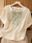 Shirt Collar Embroidery Casual Cotton And Linen Blouse