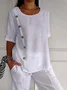 Women's Plain Buckle Cotton And Linen Crew Neck Casual Top