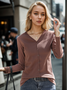 Women Plain V Neck Casual Long Sleeve T-shirt