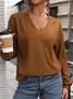 Women Plain V Neck Casual Long Sleeve T-shirt