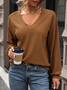 Women Plain V Neck Casual Long Sleeve T-shirt