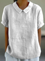 Women Plain Shawl Collar Vintage Short Sleeve T-shirt