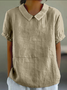 Women Plain Shawl Collar Vintage Short Sleeve T-shirt