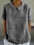 Women Plain Shawl Collar Vintage Short Sleeve T-shirt