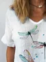 Women's Short Sleeve Blouse Summer As Picture Dragonfly Cotton Crew Neck Daily Going Out Casual Top
