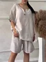 Casual Plain V Neck Two-Piece Set