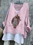 Women Animal V Neck Vintage Long Sleeve T-shirt