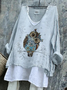 Women Animal V Neck Vintage Long Sleeve T-shirt