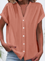 Women's Short Sleeve Shirt Summer White Plain Buckle V Neck Daily Going Out Casual Top