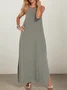 Vacation Plain Pocket Stitching Square Neck linen-cotton Maxi Dress