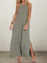 Vacation Plain Pocket Stitching Square Neck linen-cotton Maxi Dress