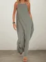 Vacation Plain Pocket Stitching Square Neck linen-cotton Maxi Dress