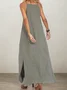 Vacation Plain Pocket Stitching Square Neck linen-cotton Maxi Dress