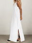 Vacation Plain Pocket Stitching Square Neck linen-cotton Maxi Dress