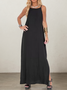 Vacation Plain Pocket Stitching Square Neck linen-cotton Maxi Dress