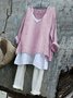 Women Plain V Neck Vintage Long Sleeve T-shirt