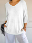 Women Plain V Neck Casual Three Quarter Sleeve T-shirt