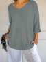 Women Plain V Neck Casual Three Quarter Sleeve T-shirt
