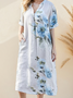 Casual Floral linen-cotton  Stand Collar Midi Dress